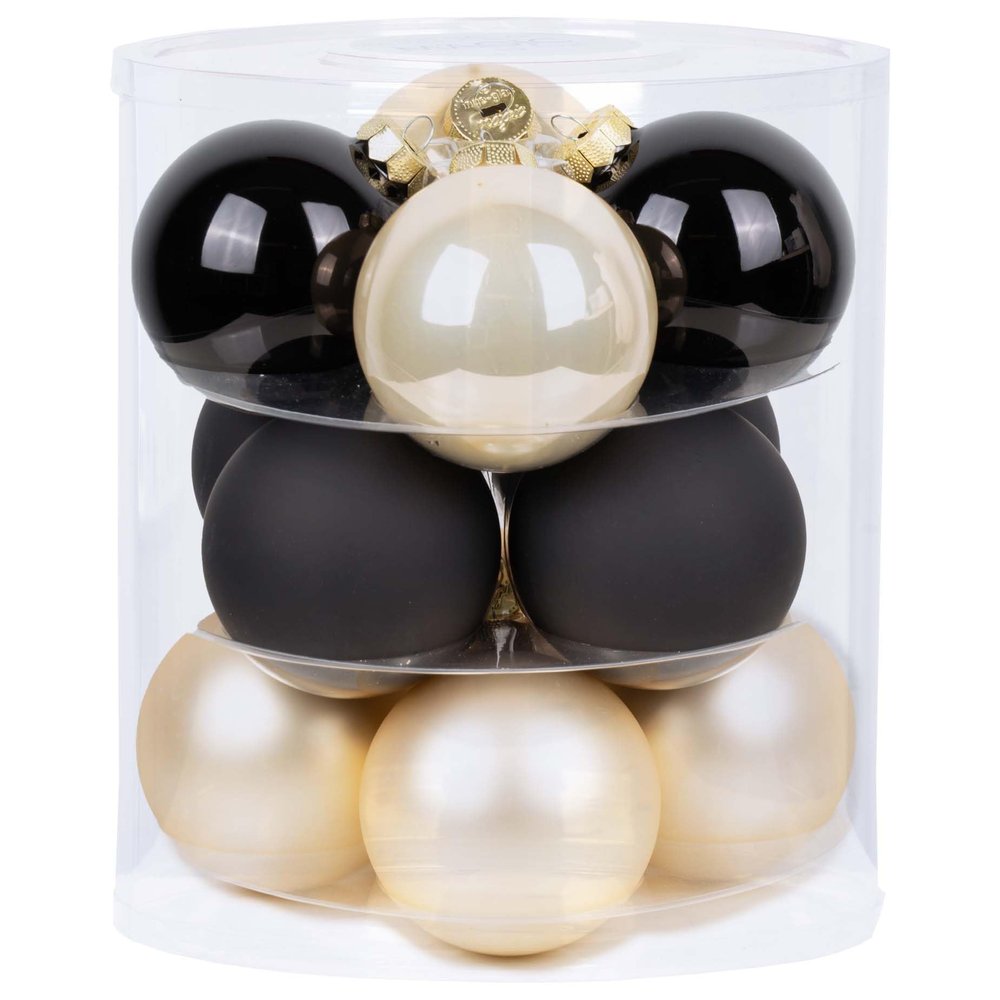 Magic Glass Christmas Baubles 8 cm, 12 pcs. (Moonlight Shadow | Black Beige)