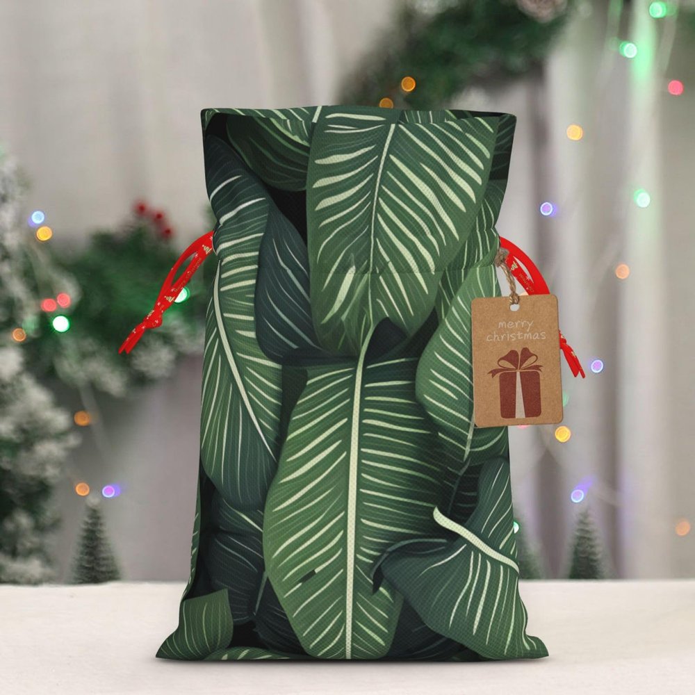HerfsT Christmas Gift Bags with Drawstring, Green Tropical Leaves