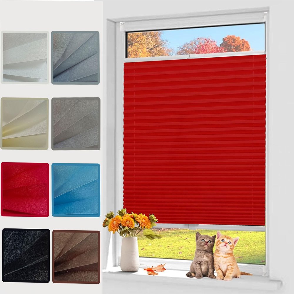 YANHONG No-Drill Clamp Pleated Shade 35 x 160 cm, Blackout Thermal, Red