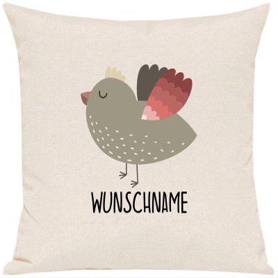 Kleckerliese Pillow with Insert, 40 x 40 cm, Cream, Sparrow Motif, Custom Name/Text