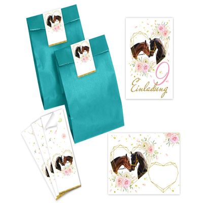 Minkocards 12 Invitations for a Girl's 9th Birthday, Two Horses, incl. Envelopes, Petrol Party Bags and Stickers