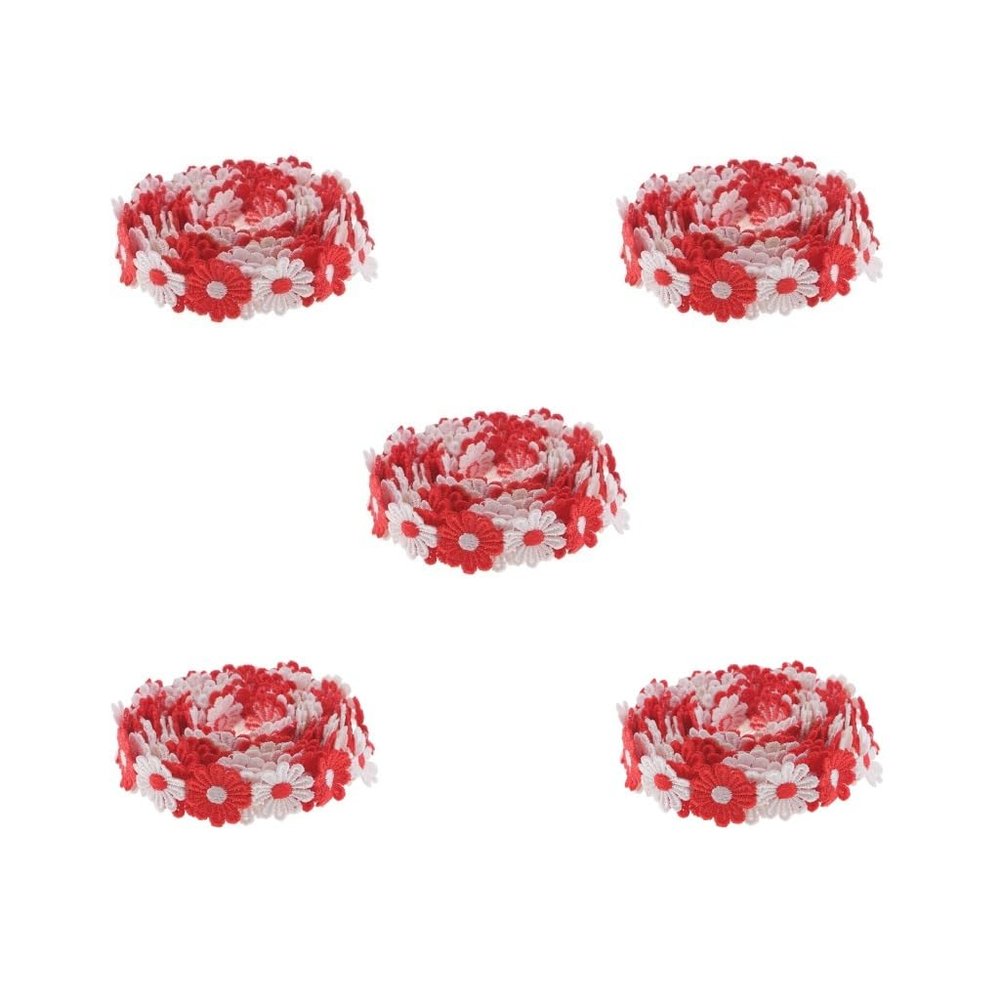 Set of 5 Daisy Embroidered Lace Trims, 2.7 m x 25 mm, Red