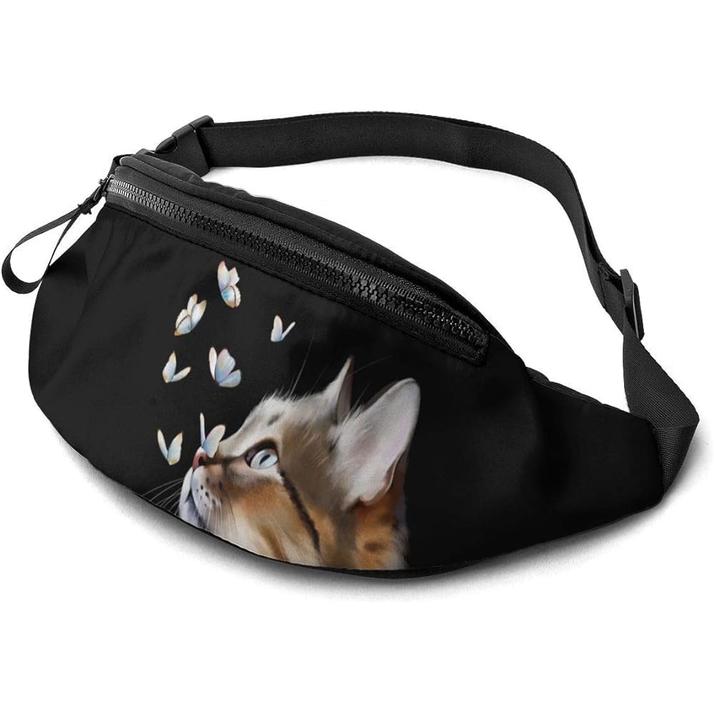 550 Adjustable Multifunctional Sports Waist Bag with Watercolor Cat and Butterfly Design, 14 x 35 cm
