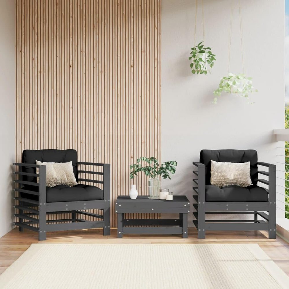 GuyAna Garden Chairs with Cushions, 2-Piece Set, Gray, Solid Pine