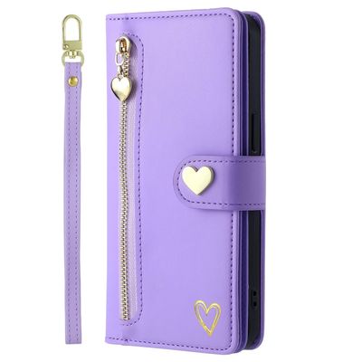 SLLMYYX Wallet Case Compatible with TCL 40 SE, Durable PU Leather Flip Case with Wrist Lanyard, Zipper Pocket and 9 Card Slots, Purple