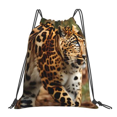 KoNsev Cute Penguin Print Drawstring Backpack, Waterproof Gym Bag for Unisex, Leopard Pattern, One Size