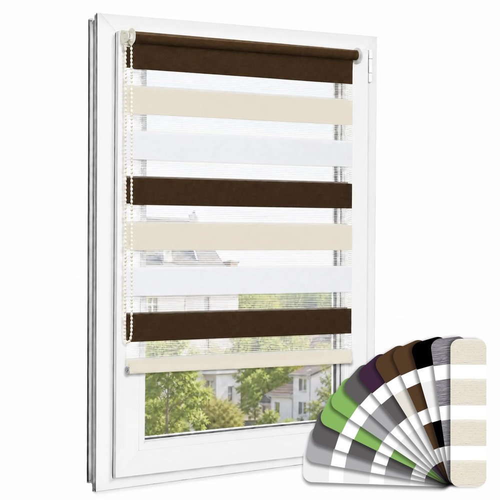 ibobu Double Roller Blind, No-Drill Clamp Mount, White Beige Brown, 85 x 220 cm