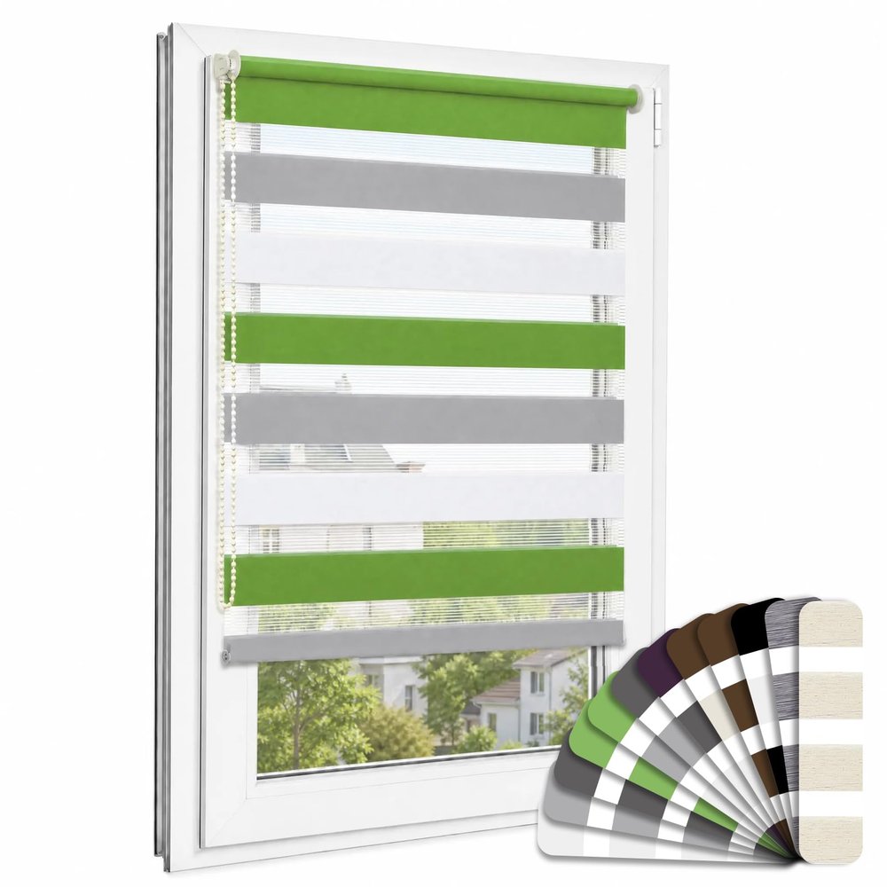 ibobu Dual Roller Blind, No-Drill Clamp-Fit, Green Gray White, 40 x 150 cm