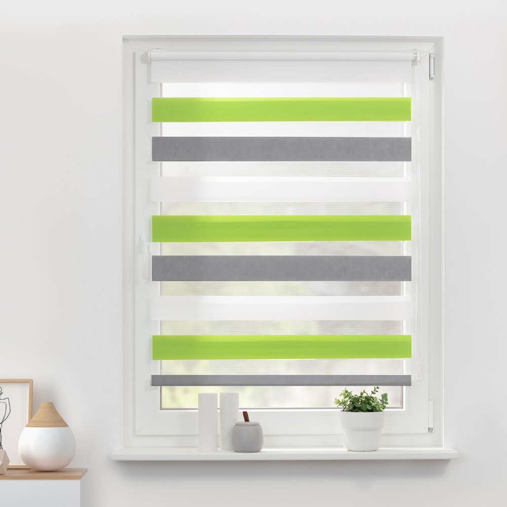 ibobu Day & Night Roller Blind, No Drilling, Green-Gray-White, 120 x 210 cm
