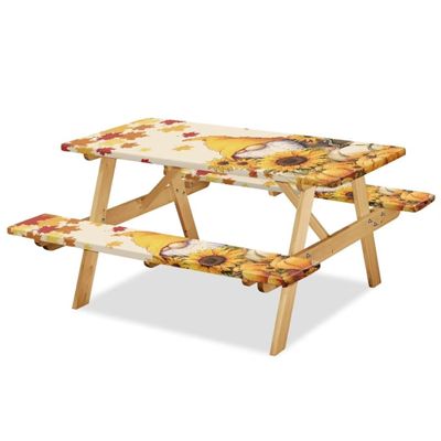 Jeiento Fall Picnic Table and Bench Fitted Cover Set with Elastic Bands, 3-Piece, Dwarf Harvest Pumpkin Maple Leaf Thanksgiving Camping