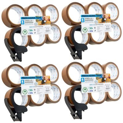 DECO EXPRESS Packing Tape Dispenser Set with Extra-Strong PVC Packing Tape Rolls (Small Brown Dispenser, 4-Pack)