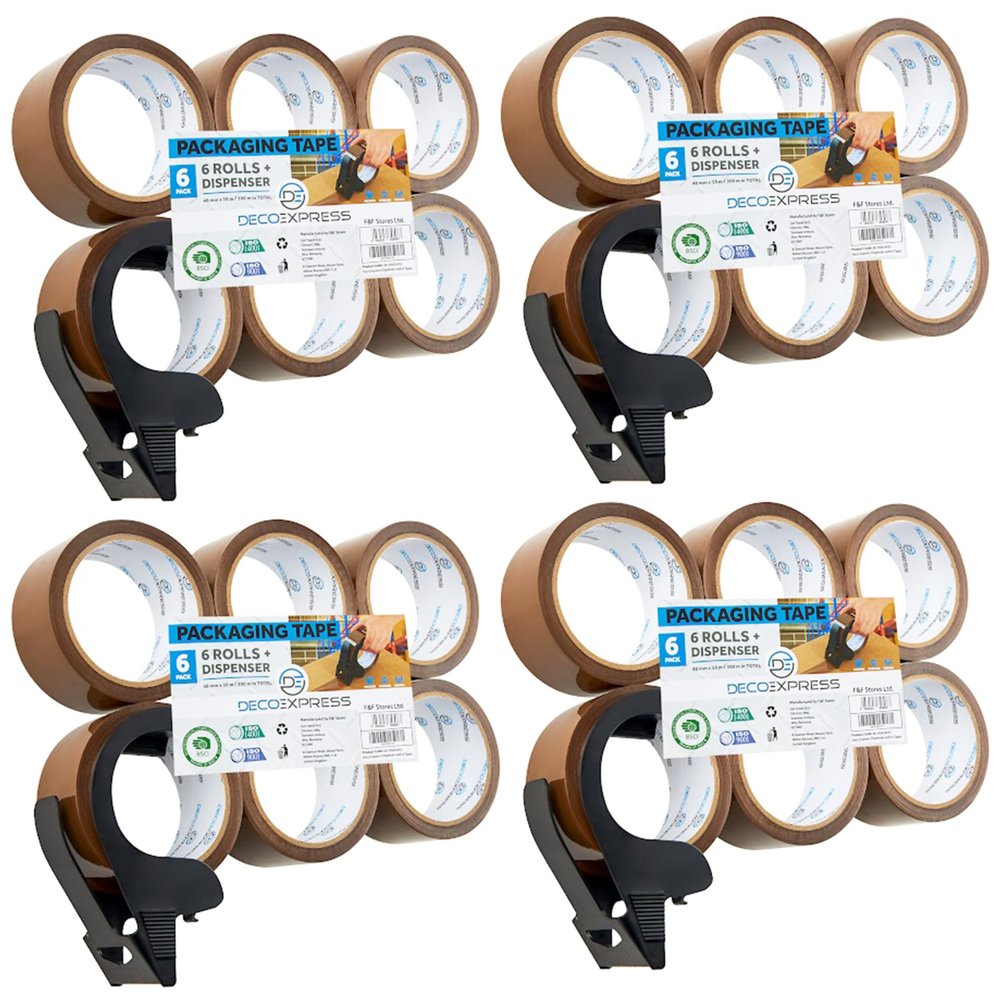 DECO EXPRESS Packing Tape Dispenser Set with Extra-Strong PVC Packing Tape Rolls (Small Brown Dispenser, 4-Pack)