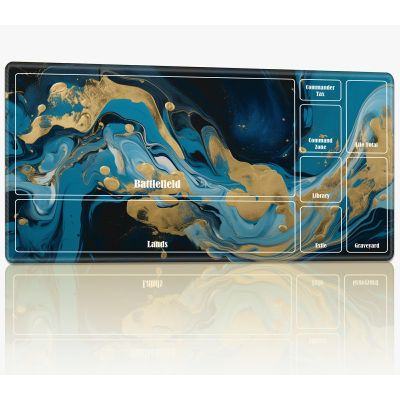 MTG Playmat with Zones, 61 × 35.6 cm, Stitched Edges, Golden Blue Marble