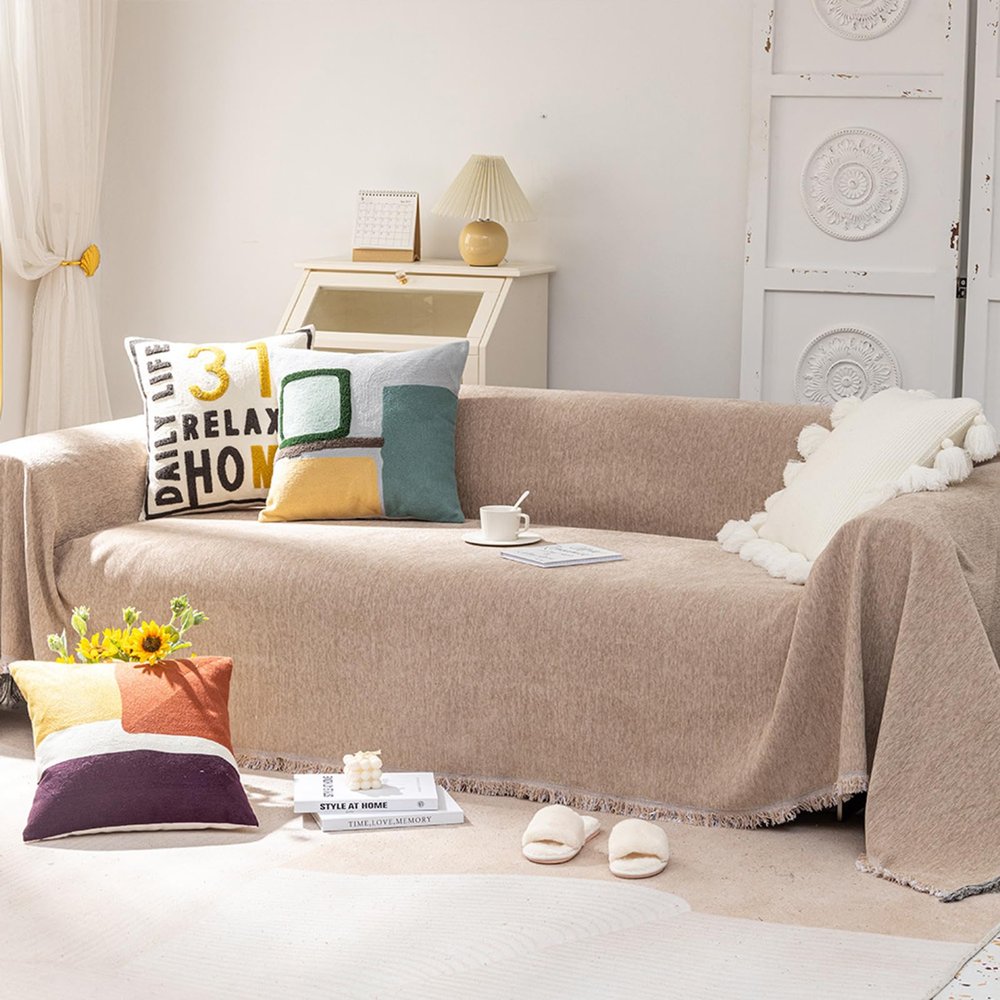 FR Chenille Sofa Cover for 1/2/3/4-Seater, L/U-Shaped Sofa, Sofa Bed or Lounge Chair, 180 x 260 cm, Khaki