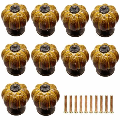10 Antique Brass Ceramic Pumpkin Drawer Knobs