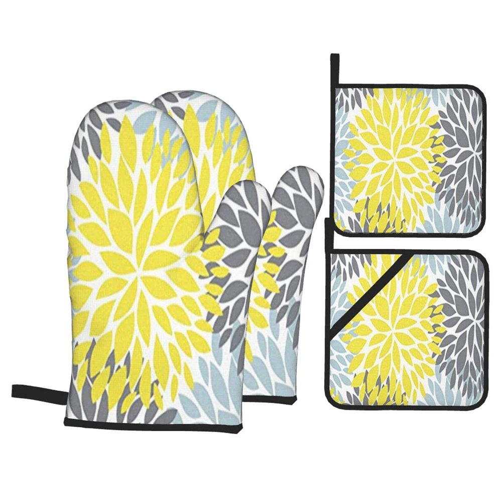 Oven Mitts and Pot Holders, 4-Piece Set, Dahlia pinnata Floral Pattern, Gray and Yellow, Heat-Resistant