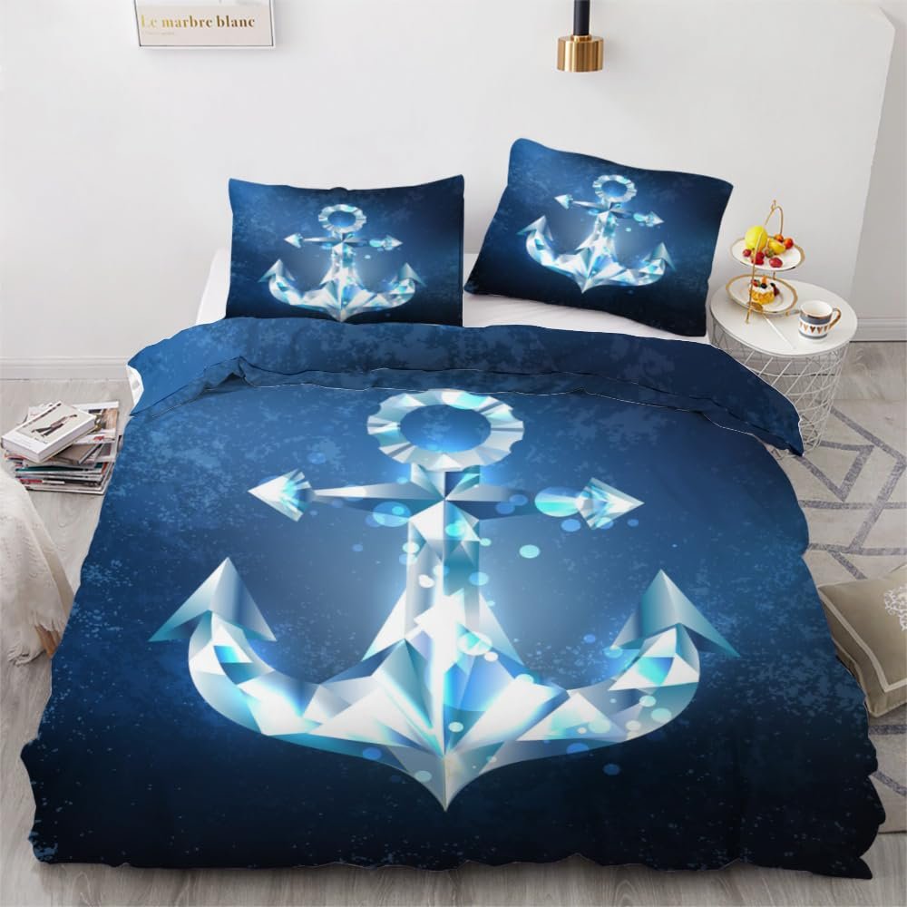 ROUSKI Anchor Duvet Cover Set, 135 x 200 cm, 2-Piece, 100% Microfiber, Children's Ocean Nautical Reversible Bedding with Zipper and 3D Design, Includes 80 x 80 cm Pillowcase