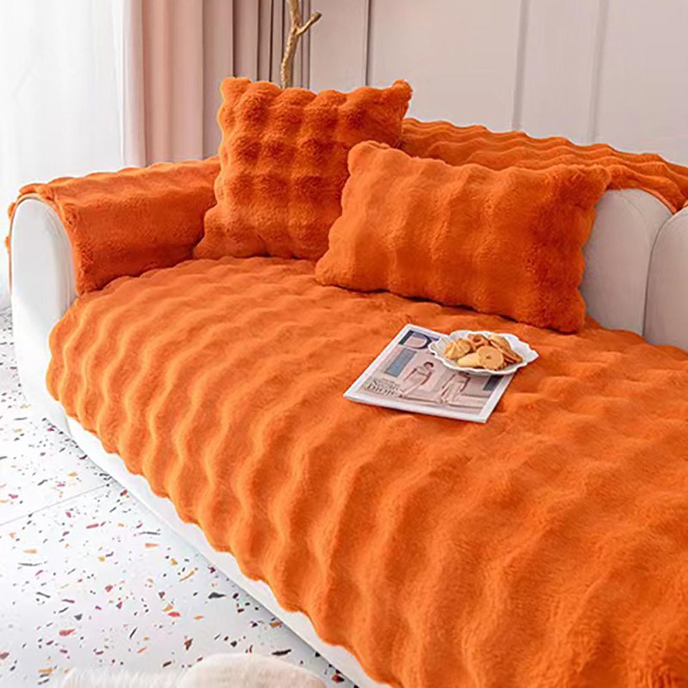 Aocase Plush Sofa Cover, Non-Slip Thickened Winter Couch Cover for L-Shaped Sectional, Orange, 70 × 150 cm