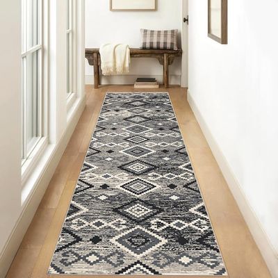 Siunwdiy Gray Geometric Runner Rug, 120 x 220 cm, Non-Slip, Washable