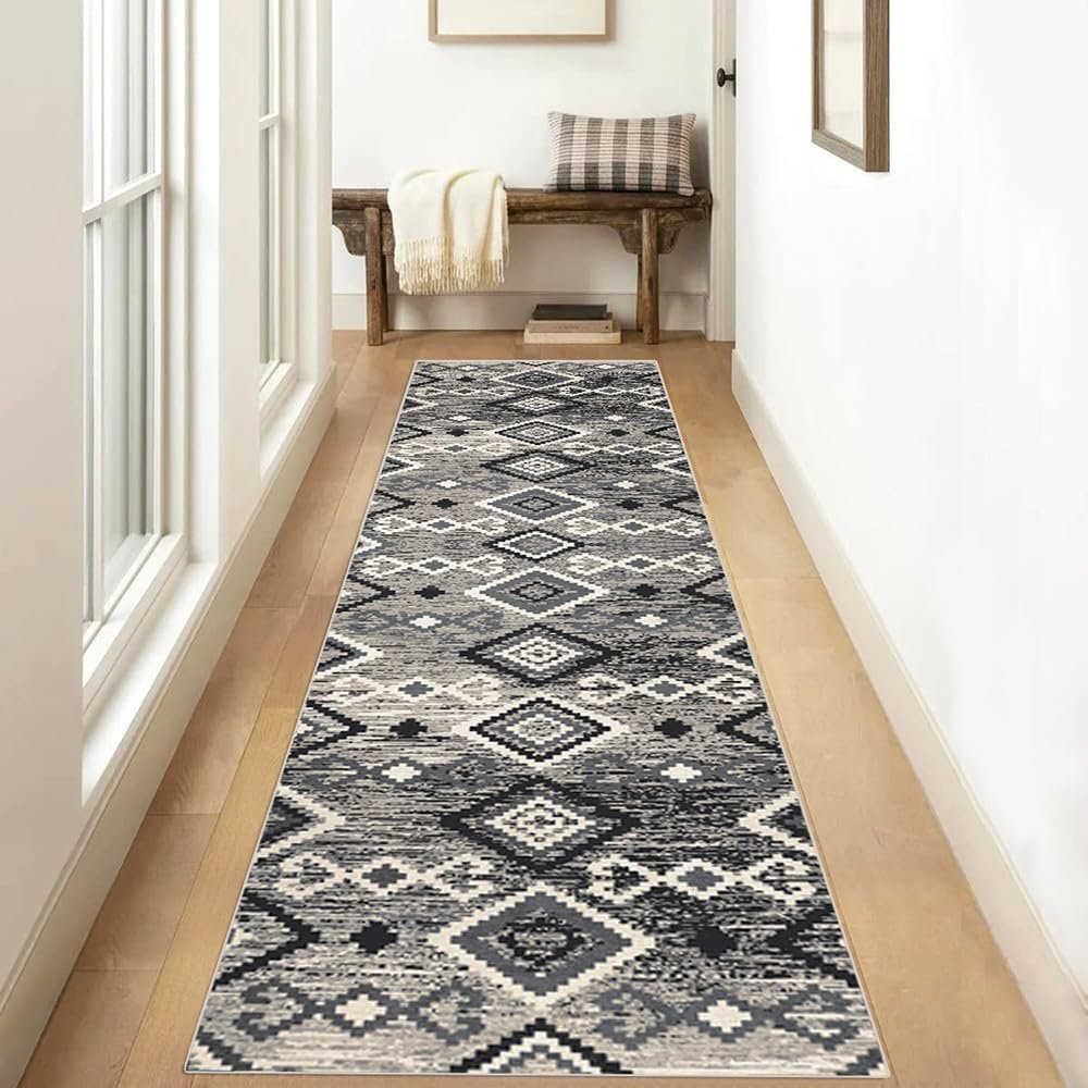 Siunwdiy Gray Geometric Runner Rug, 120 x 220 cm, Non-Slip, Washable