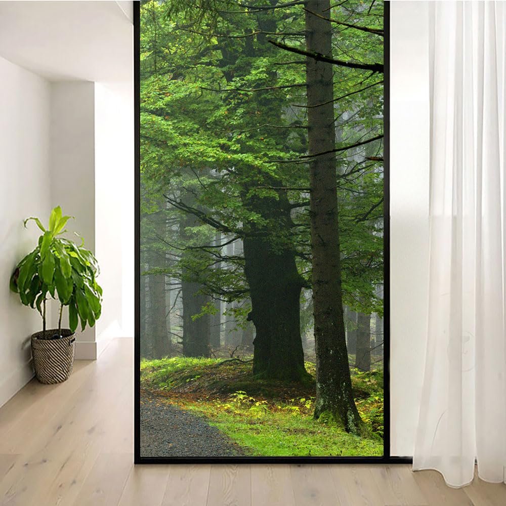 Static-Cling Window Film, Privacy, Heat Control, UV Protection, Natural Forest Landscape, 2 Frosted Films, W 19.7 x H 47.2 in (50 x 120 cm)