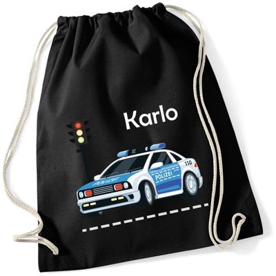 minimutz Personalized Police Car Drawstring Gym Bag with Name, Kids' Cotton Backpack, Black, 12 L, 37 x 46 cm