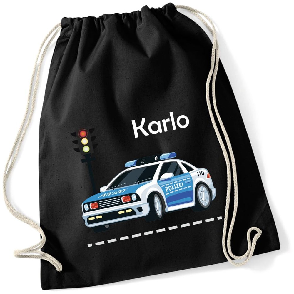 minimutz Personalized Police Car Drawstring Gym Bag with Name, Kids' Cotton Backpack, Black, 12 L, 37 x 46 cm