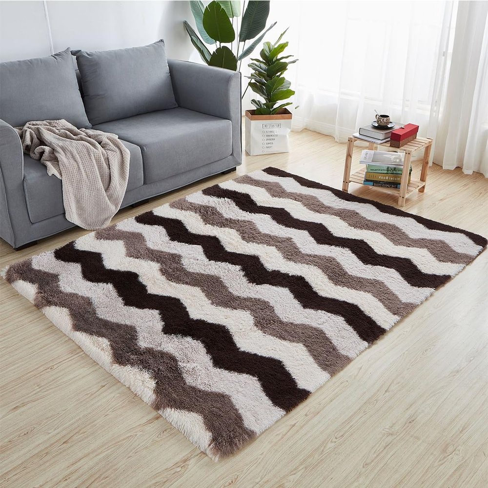 Treer Plush Modern Checked Rug, Soft Non-Slip Area Rug for Living Room, Bedroom, Kids' Room and Kitchen, 40 x 60 cm, Coffee Wave