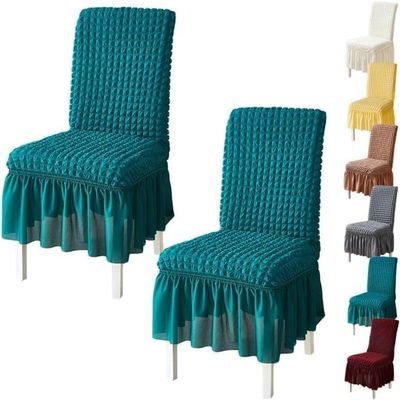 Green 3D Popcorn Fabric Dining Chair Covers with Long Ruffle Skirt, 2-Piece