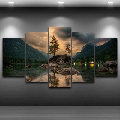 3D Lightning Lake Mountain Canvas Wall Art, 5-Piece Framed Print, 150 x 80 cm
