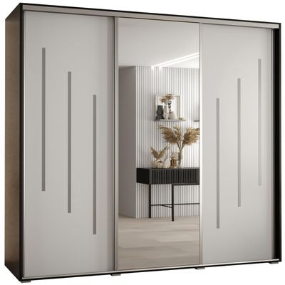MEBLE KRYSPOL Davos 9 200 Bedroom Wardrobe with Three Sliding Doors, Mirror, Clothes Rail and Shelves, 235.2 x 200 x 60 cm, Black/White/Silver