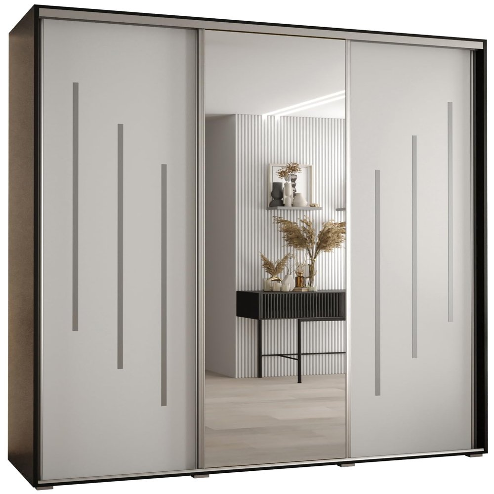 MEBLE KRYSPOL Davos 9 200 Bedroom Wardrobe with Three Sliding Doors, Mirror, Clothes Rail and Shelves, 235.2 x 200 x 60 cm, Black/White/Silver