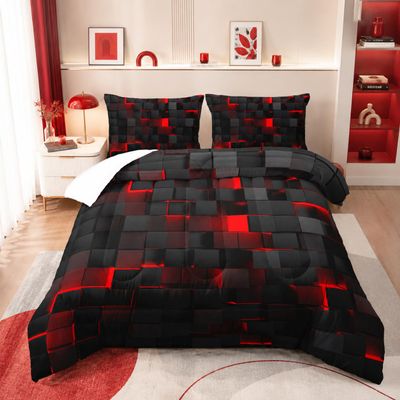 Nttopship Red and Black Geometric Quilt Set, 3-Piece, Microfiber