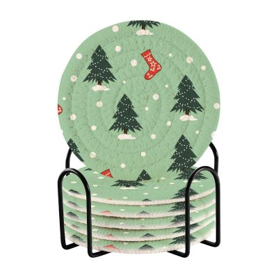Christmas Tree Absorbent Drink Coasters with Holder, Set of 6