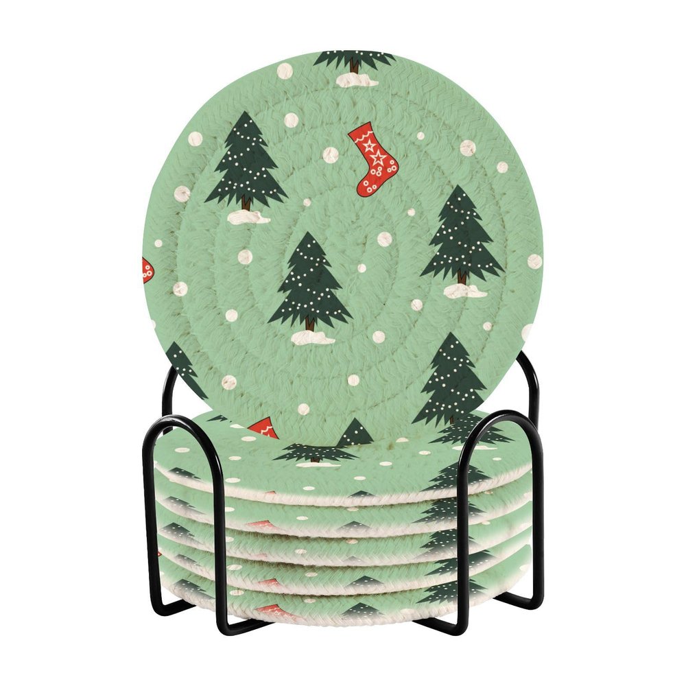 Christmas Tree Absorbent Drink Coasters with Holder, Set of 6