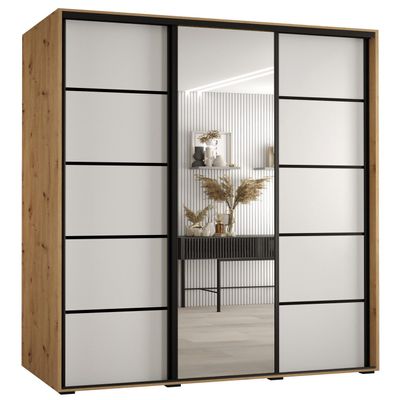 MEBLE KRYSPOL Davos 5 160 Wardrobe with Three Sliding Doors, Mirror, Rail and Shelves, 235.2 x 160 x 60 cm, Artisan White/Black