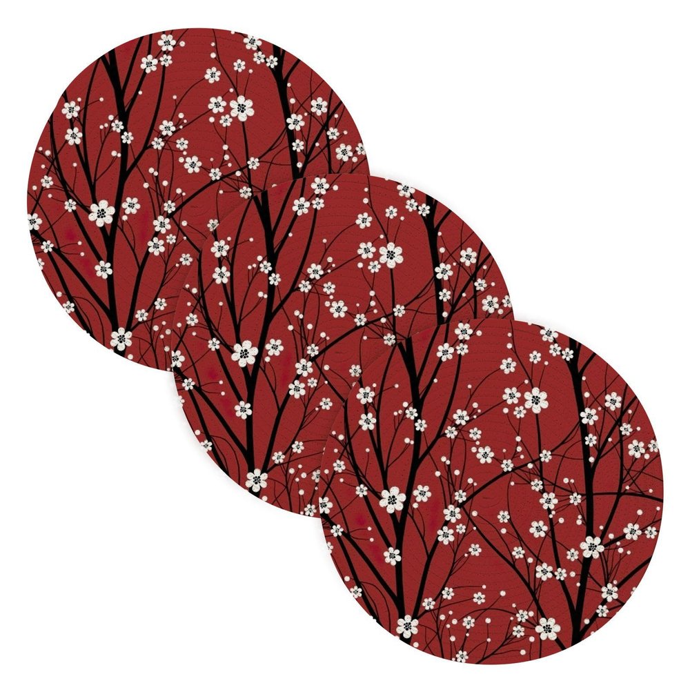 3-Piece Woven Trivet Set for Hot Dishes, 15 in, Cherry Blossom Pattern