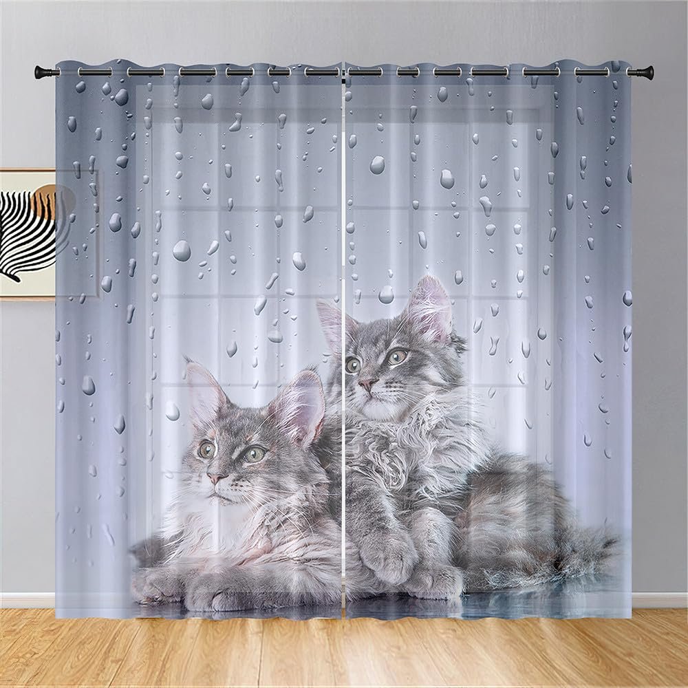 Hiseng 3D Pattern Sheer Voile Curtains with Eyelets, Modern 2-Piece Set, Gray Cat, 80 x 115 cm