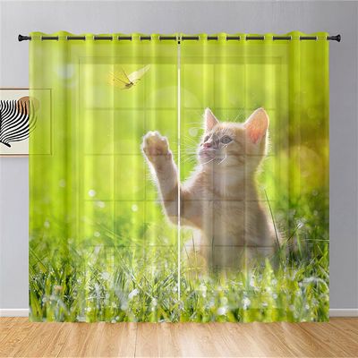 Hiseng 3D Pattern Semi-Transparent Voile Curtains, Modern 2-Piece Set, 140 x 160 cm, Rasenkatze