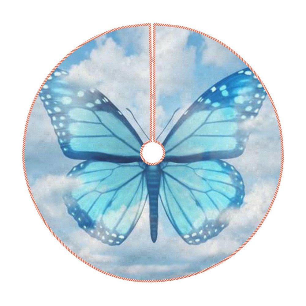 Christmas Tree Skirt with Blue Butterfly and Clouds