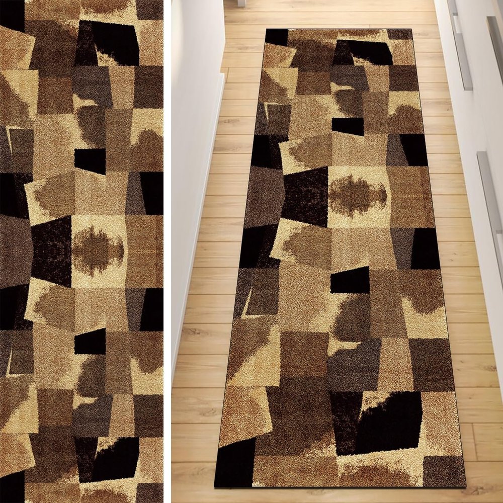 QQrunner Brown Patchwork Carpet Runner, Non-Slip, Washable, 90 x 550 cm