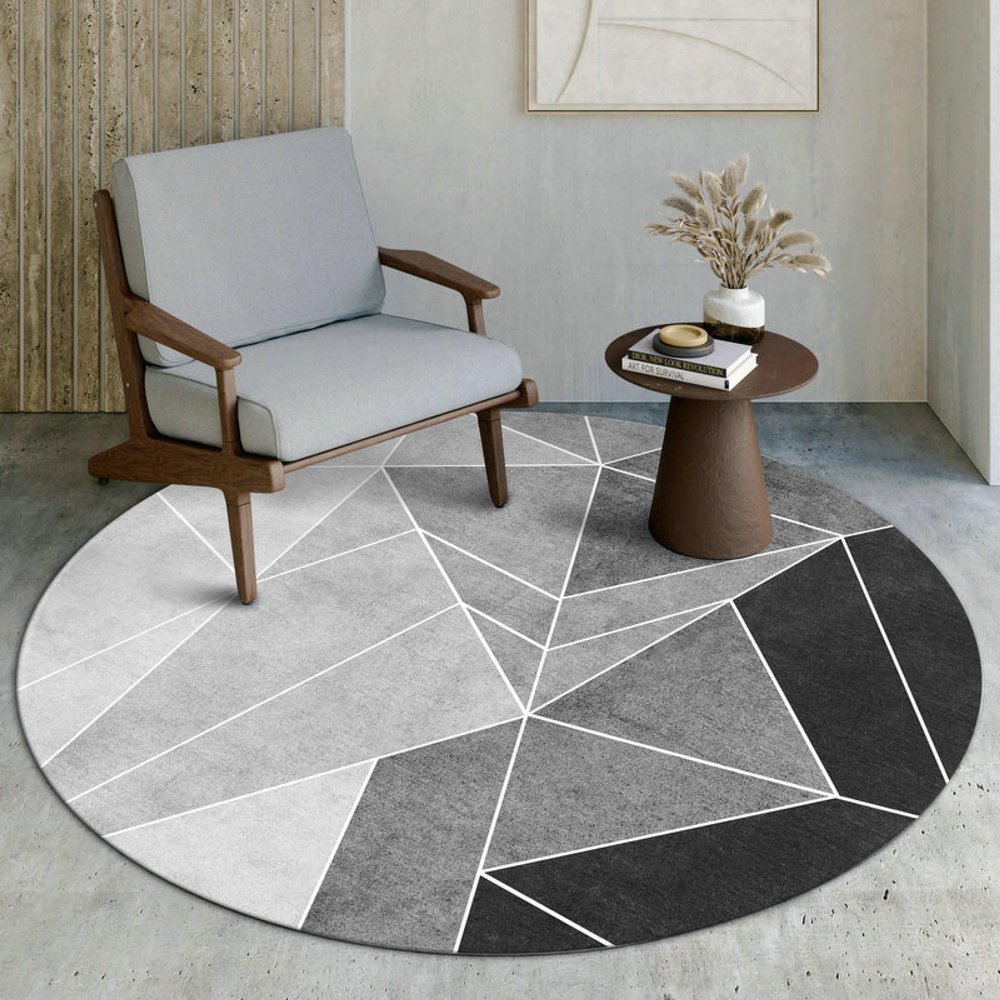 Black and Gray Geometric Round Rug, Soft Non-Slip, Fluffy, Washable, 80 cm