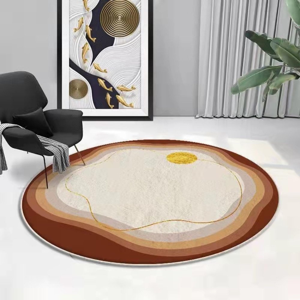 Brown and Gold Modern Round Rug, Soft Non-Slip, Fluffy, Washable, 40 cm