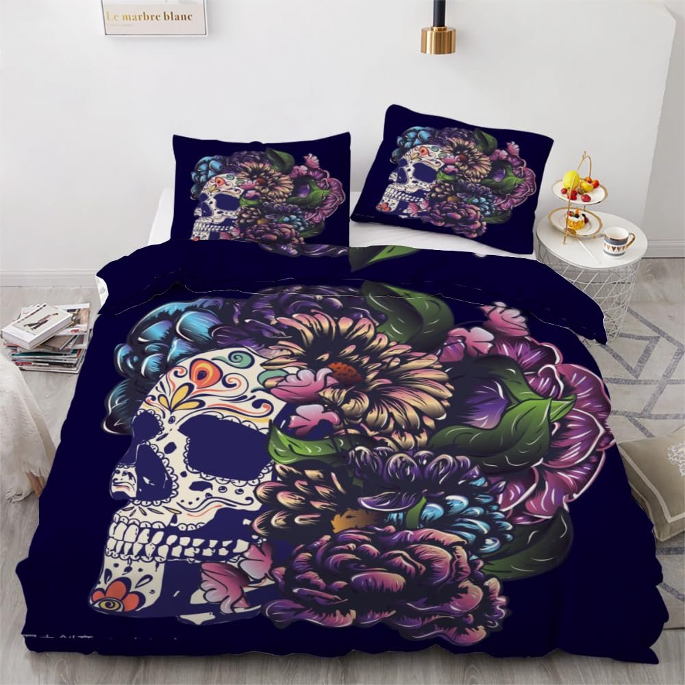 ROUSKI Gothic Skull 3D Reversible Bedding Set, 220 x 240 cm, 3-Piece, 100% Microfiber