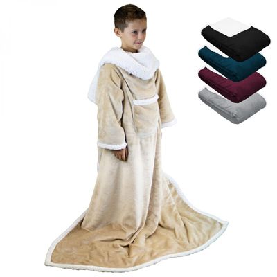 Vivezen Kids’ Sherpa & Flannel Blanket with Sleeves, Pocket, 120 x 160 cm