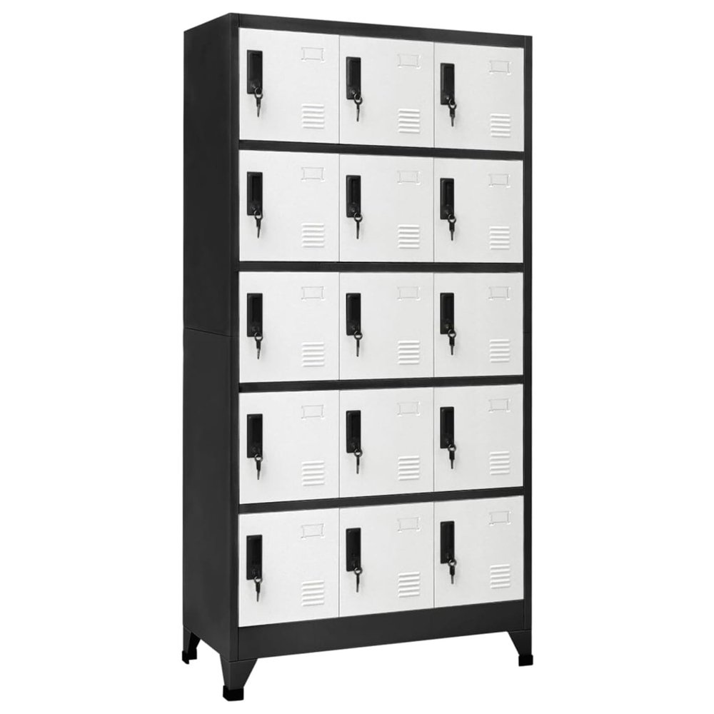SECOLI Lockable Metal Locker Cabinet, Anthracite and White, 15 Compartments