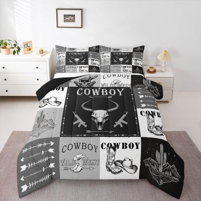 Erosebridal Western Cowboy Queen Comforter Set with Southwestern Horse, Bull Skull, Cactus and Riding Boot Design