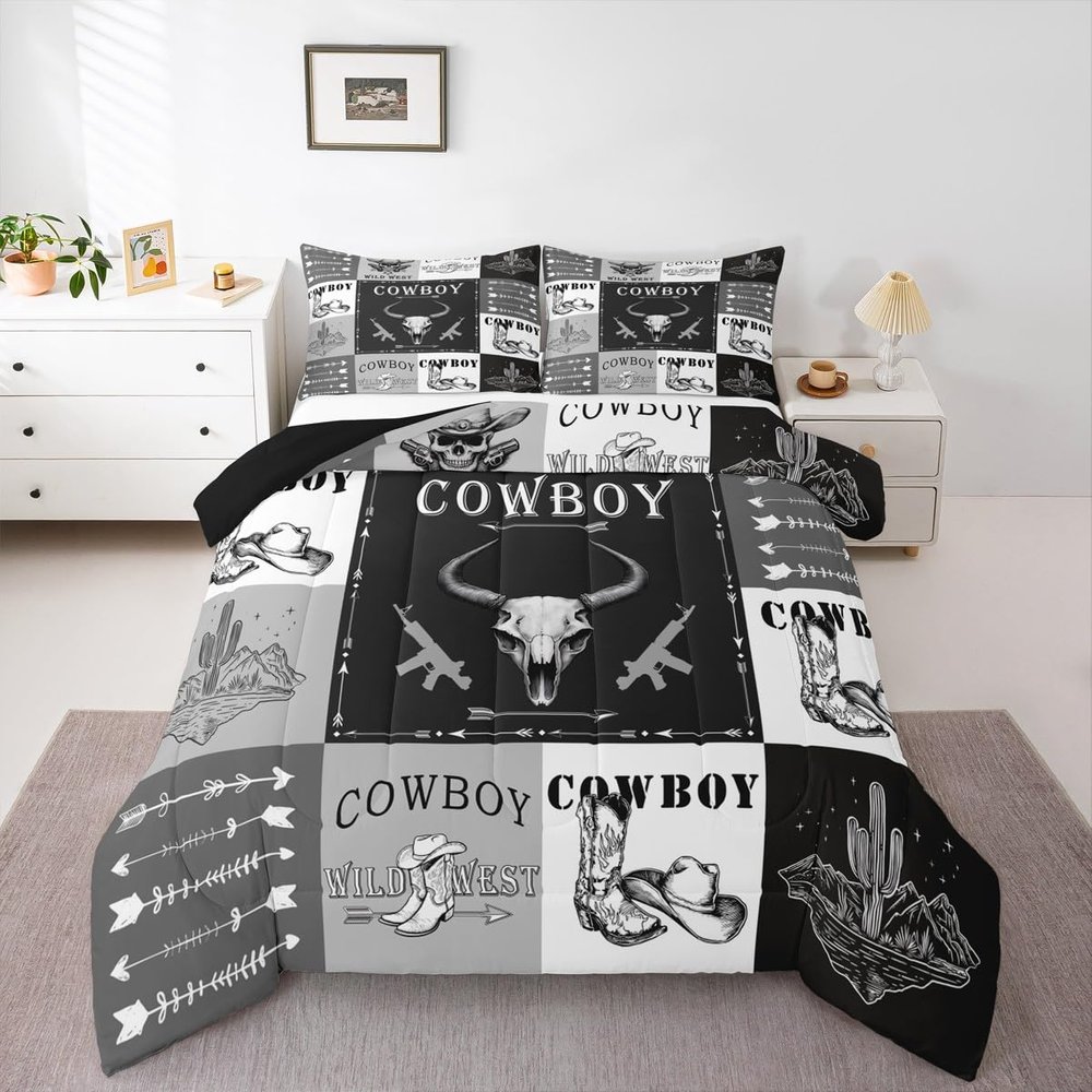 Erosebridal Western Cowboy Queen Comforter Set with Southwestern Horse, Bull Skull, Cactus and Riding Boot Design