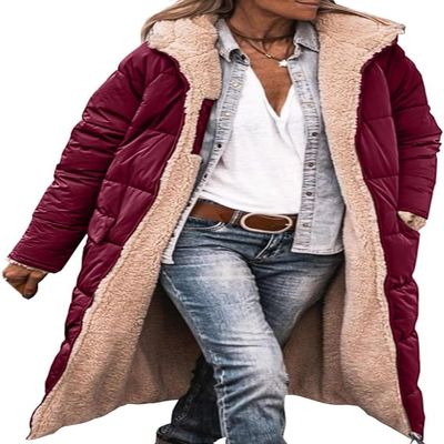 COALHO Women's Reversible Long Hooded Puffer Coat, Claret, S