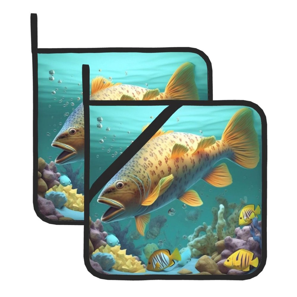 Pot Holders with Colorful Underwater Fish, Heat-Resistant, 2-Piece Set